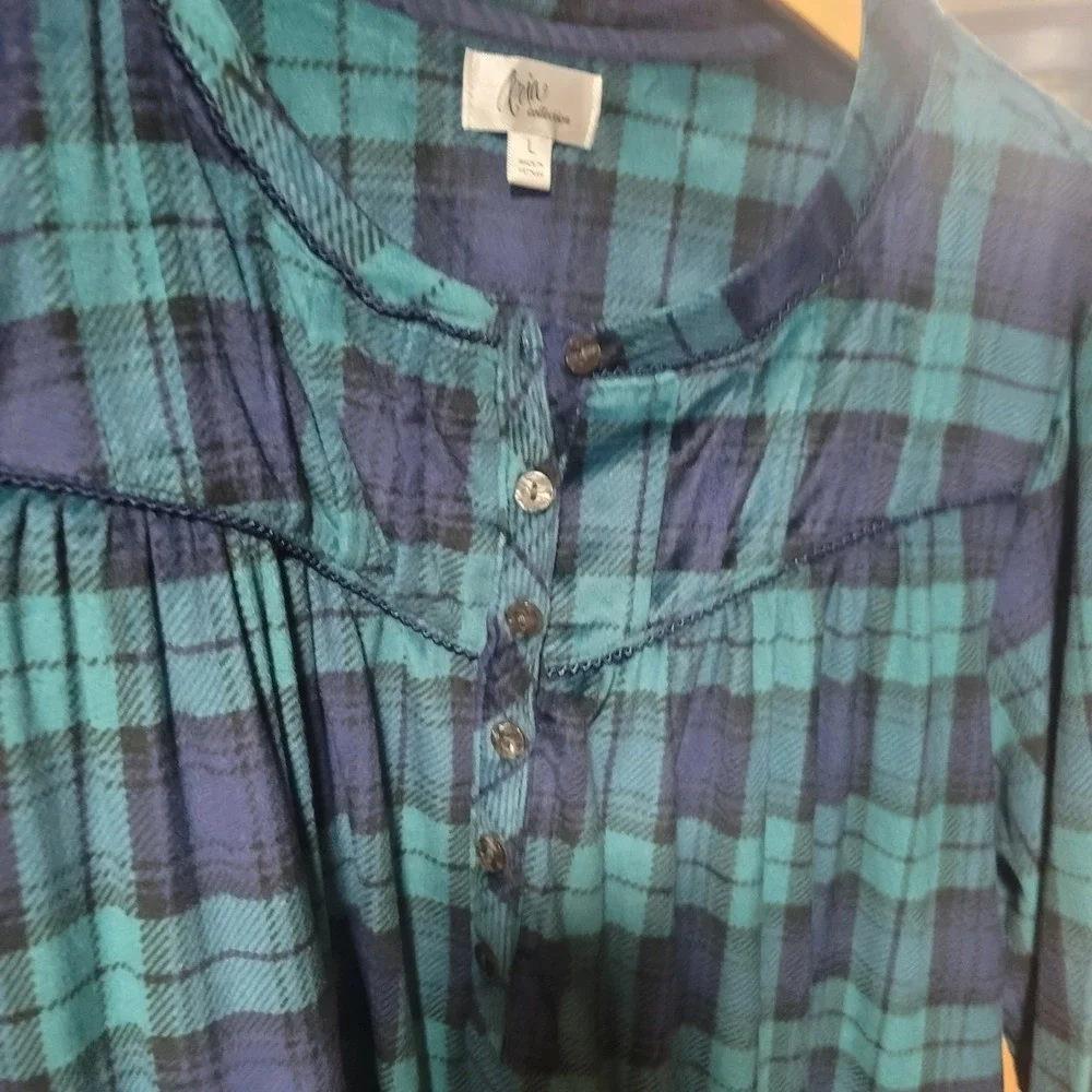 Aria Collection Women's Plaid Sleepshirt‎ Tunic L Blue Green Long Sleeve Button